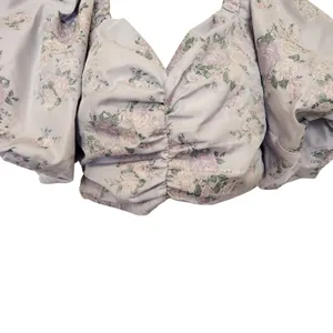 Express Purple Floral Puff Sleeve Ruched Front Chic Blouse Crop Top Size Medium thumbnail 4