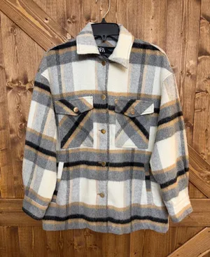 Zara Women’s Small Plaid Wool Blend Shacket Oversized Shirt Jacket Gray Tan (920 thumbnail 1