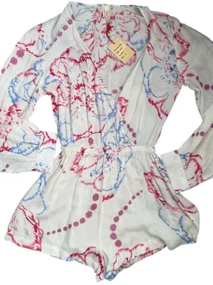 Anthropologie RAGA White Romper with Pink and Light Blue Floral Print thumbnail 1
