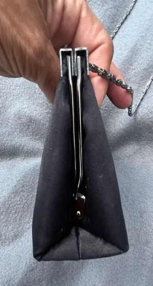 Black Satin Evening Clutch With Silver Chain Strap and Kiss Lock Frame thumbnail 5