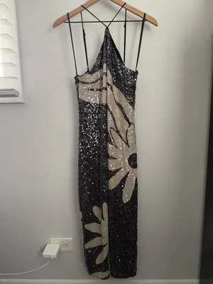 Farm Rio Anthropologie Medium Halter Sequin Midi Dress Black Tropical Resort thumbnail 9