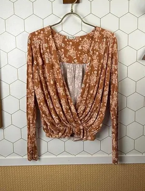 Free People Intimately Copper Floral Turnt Wrap Jersey Top - Size - Small thumbnail 1