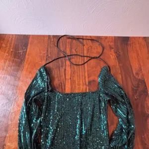 Lucy In The Sky‎ Emerald Green Sequin Balloon Sleeve Mini Dress Small Tie Back thumbnail 4