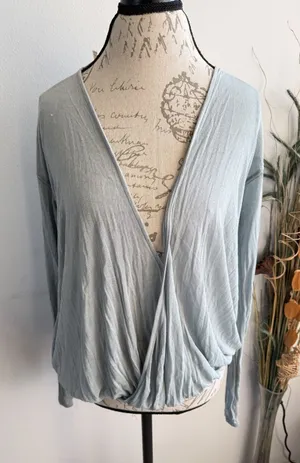Free People Womens Surplice Wrap Top Dusty Blue Deep V-Neck‎ Long Sleeve Large thumbnail 1