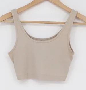 Beige Ribbed Knit Sleeveless Scoop Neck Crop Top Minimalist Neutral Slim Fit thumbnail 1