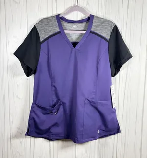 NWT RBX Mixed Media Medical Scrubs Top Purple Black Gray, Large thumbnail 1
