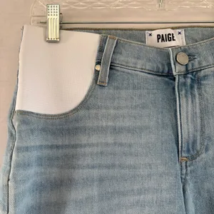 PAIGE Maternity Wide Leg Raw Hem Light Wash Denim Jeans Blue thumbnail 4