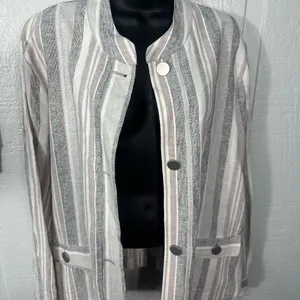 Jones New York Linen Gray Blue Stripes Lightweight JACKET/Blazer SIZE XL EUC thumbnail 5