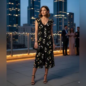 REFORMATION Black Floral Print WELLFLEET V-Neck Cutout Back Midi Dress thumbnail 4
