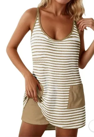 Lpker Womens Sleeveless Athletic Stripe Mini Dress With Built-In Shorts Sundress Khaki thumbnail 1