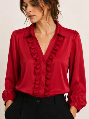 Jaclyn Smith Red Satin Ruffle Button Front 3/4 Balloon Sleeve Blouse Women’s M thumbnail 1