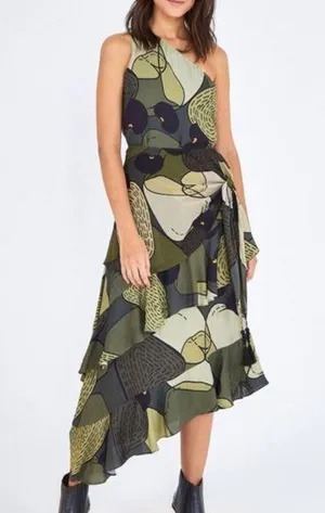 Farm Rio Anthro Women’s Green Military Cashew One Shoulder Midi Scarf Dress XS thumbnail 1