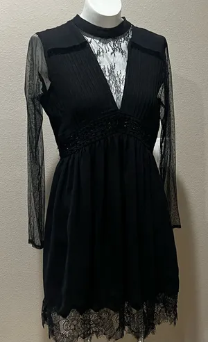 Zara basic black lace long sleeve black dress thumbnail 1