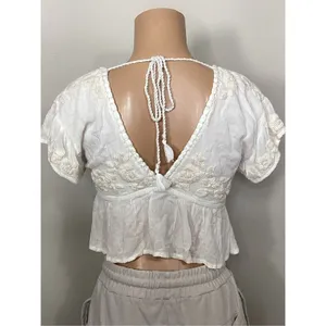 New. Anthropologie RAGA Sorrento Peplum Crop Top in White thumbnail 8
