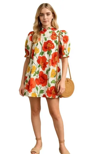 Think Of Me Cottagecore Floral Shift Dress Bodice Ruffled Collar Puff Sleeves L thumbnail 1