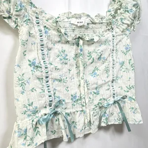 Mine Floral Swiss Dot Crop Top Lace Ribbon Puff Sleeve White Blue Women's‎ L thumbnail 4