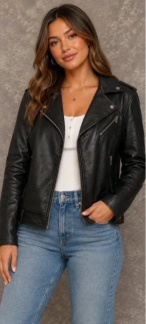Fahsye Women's Black Faux Leather Asymmetrical Moto Biker Jacket thumbnail 1