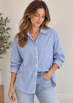 Maeve Anthropologie Women’s XS Blue White Stripe Cotton Button Down Oversized thumbnail 1