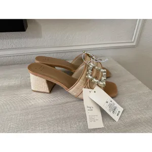 A New Day Kathleen Beige Raffia Crystal Buckle Block Heel Slide Sandals Size 10 thumbnail 2