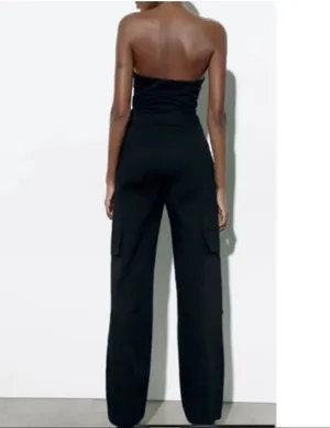 Zara Strapless Cargo Jumpsuit by Zara Black Size XS thumbnail 3