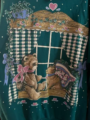 Vintage 1980s-90s Forest Green Teddy Bear + Kitty Cat Cottagecore Graphic Collared Sweatshirt thumbnail 2