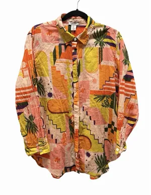 Haute Hippie Colorful Bohemian Long Sleeve Tropical Button Blouse Shirt Sz Large thumbnail 1