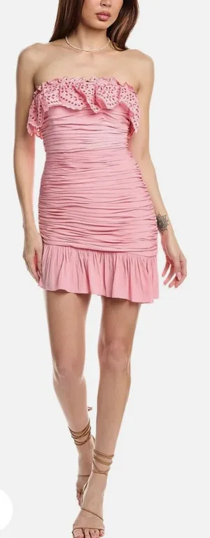 Ramy Brook Milena Strapless Ruched Eyelet Mini Dress Pink Tulip 10‎ NWT Designer thumbnail 1