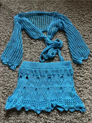 SHEIN Bright Turquoise Crochet Knit Crop Top & Mini Skirt Set thumbnail 1