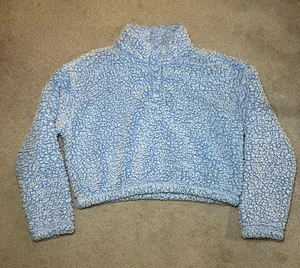 Simone Sherpa Fuzzy Henley Cropped Sweatshirt in White and Blue Size Medium thumbnail 2