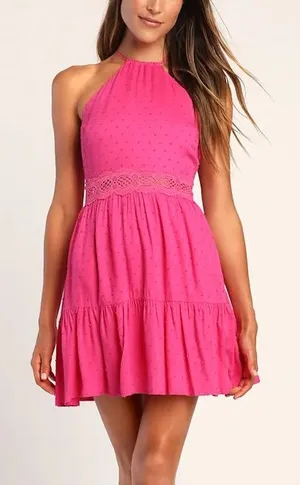 LULUS So Dainty Hot Pink Swiss Dot Halter Neck Lace Mini Dress thumbnail 1