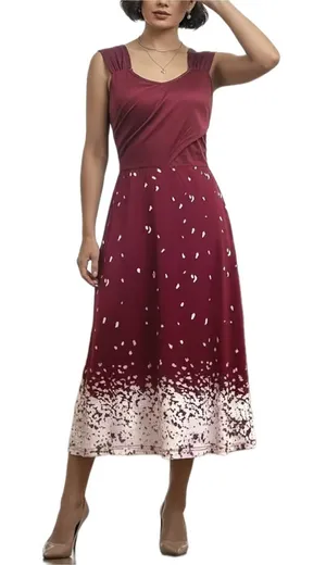 Women's Elegant Floral Print Sleeveless Waist-cinching Dress Burgundy Color thumbnail 1