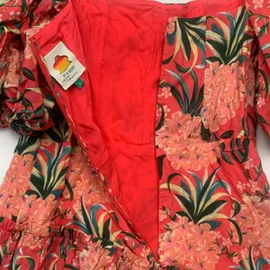 FARM Rio size large pineapple bloom midi dress pink green puff sleeve floral thumbnail 13