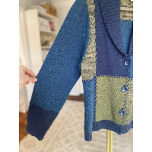 Vintage Patchwork Knit Cardigan Allison Daley Shawl Collar Quiet Luxury Boho L thumbnail 5