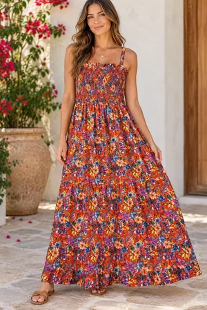 Band of Gypsies Collective XL Floral Smocked Maxi Dress Red Orange Ruffle Boho Sundress thumbnail 1