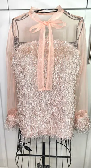 Blush Pink Contrast Mesh Tie Neck Shaggy Fringe Blouse thumbnail 11