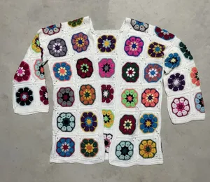 Granny Square Handmade Crochet Cardigan Woolen Knit Colorful Homemade SZ Medium thumbnail 1