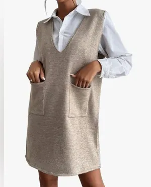 NEW Double Pocket Sleeveless V Neck Short Sweater Dress Jumper S thumbnail 1