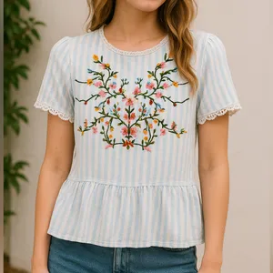 Boho Blue White Embroidered‎ Peplum Top Vintage-Inspired Cottagecore Vibes Sz M thumbnail 1
