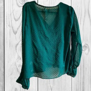 Zara Olive Green Ruffled V-Neck Blouse size‎ medium work career lightweight thumbnail 4