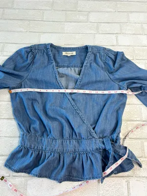 Madewell Blue Denim Wrap Peplum Blouse Size Medium Cottage Core thumbnail 5
