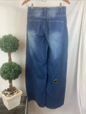Barrel Wide Hem Rivet Trim High Rise Blue Jeans S thumbnail 2