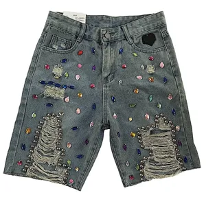 Streetwear bedazzled Jewel Studded bling frayed high Waisted Denim Shorts NWT LG thumbnail 3