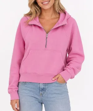 Pink Quarter Zip Hoodie Sweatshirt Thumbholes Kangaroo Pocket Large thumbnail 1