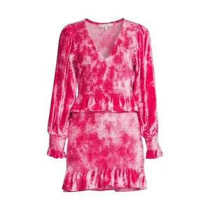 Loveshackfancy Evan Mini Dress Womens‎ Medium Pink Tie Dye Velvet Ruffle Smocked thumbnail 2