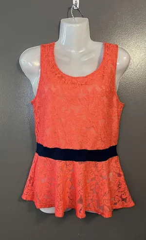 Rainbow Sandals Peplum Top Womens M Coral Lace Sleeveless Tank Black Waistband Layered thumbnail 1