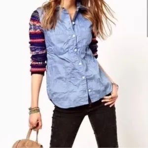 Free People We The Free Chambray Sweater Sleeve Shirt Women's Small Light Blue‎ thumbnail 2