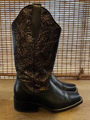 Alfa Western Wear Black Leather Western Cowboy Boots with Gold Stamped Shaft thumbnail 4