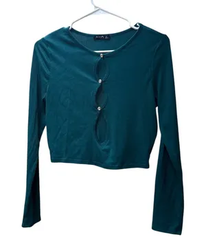 Julia Y2K Teal Ribbed Cutout Jewel‎ Button Long Sleeve Crop Top L thumbnail 1