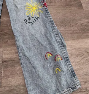 Pacsun Baggy Jean 26 Painted Denim Paint Flower Rainbow Sun Eye Button Fly thumbnail 2