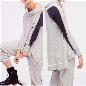 Free People Sweater Cowl Turtleneck Pullover Oversized Mixed Media Raw Grey thumbnail 11